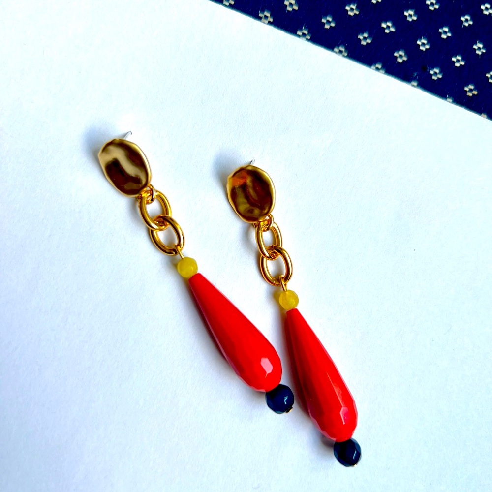 Handmade Gold Beaded Coral Teardrop Earrings